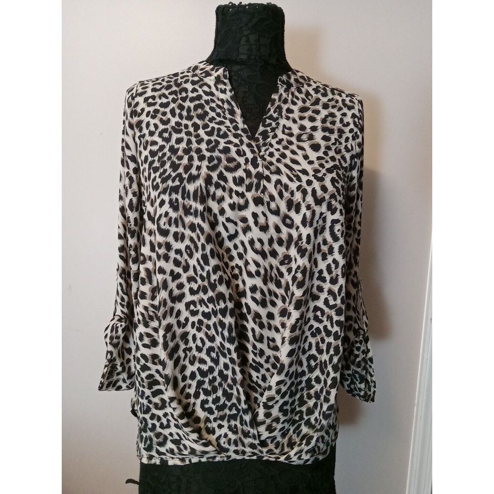 ny collection Women Brown Tan Animal Print Asymmetrical Ruched‎ Front Top Size M